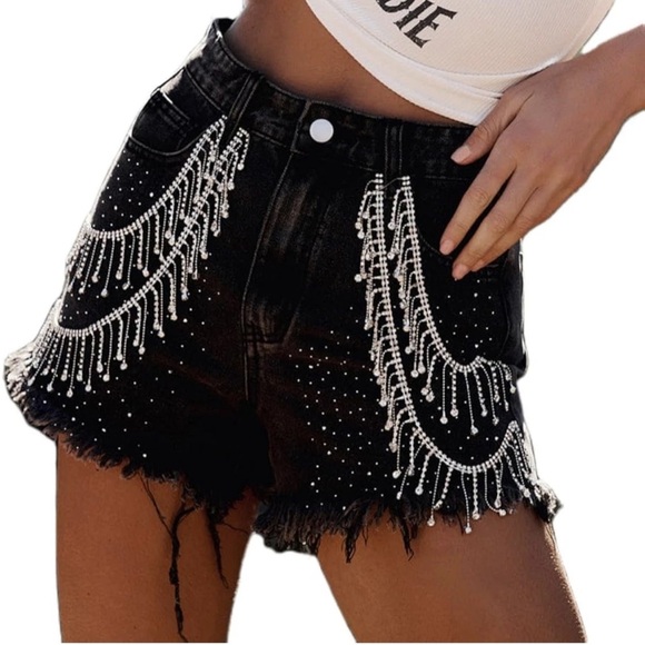 Rhinestone Chain Embellished Black Denim Cutoff Shorts Size Medium (29” Waist) - Picture 1 of 8